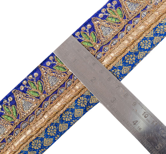 Sushila Vintage Blue Saree Border Craft Sewing Trim Art Silk Embroidered Lace