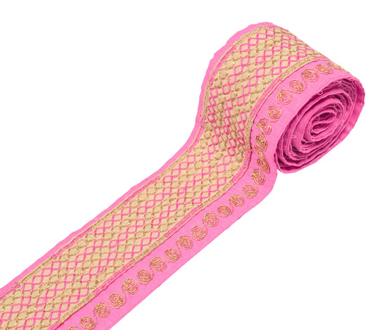 Sushila Vintage Beige Pink Saree Border Craft Sewing Trim Embroidered Ribbon