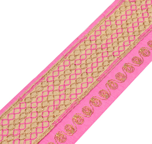 Sushila Vintage Beige Pink Saree Border Craft Sewing Trim Embroidered Ribbon