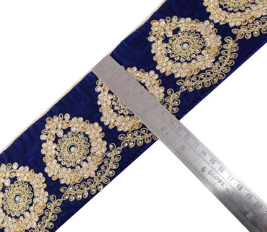 Sushila Vintage Blue Velvet Saree Border Craft Sewing Trim Embroidered Lace Ribbon