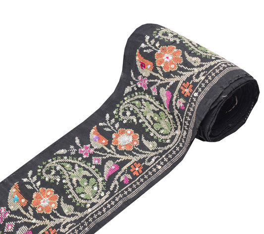 Sushila Vintage Black Saree Border Craft Sewing Trim Hand Woven Silk Lace Ribbon