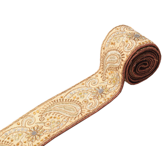 Sushila Vintage Beige Saree Border Indian Craft Sewing Trim Zari Work Lace