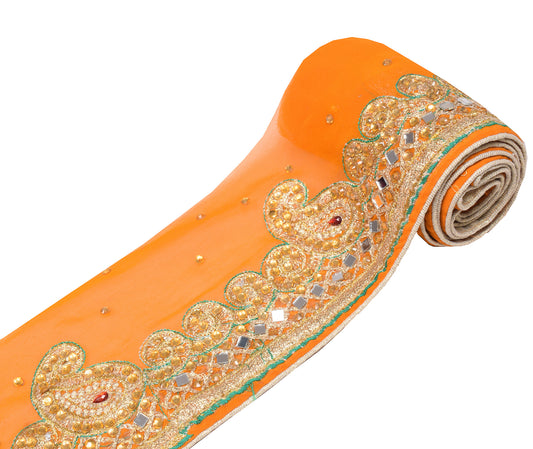 Sushila Vintage Orange Saree Border Craft Sewing Trim Mirror Stone Work Lace