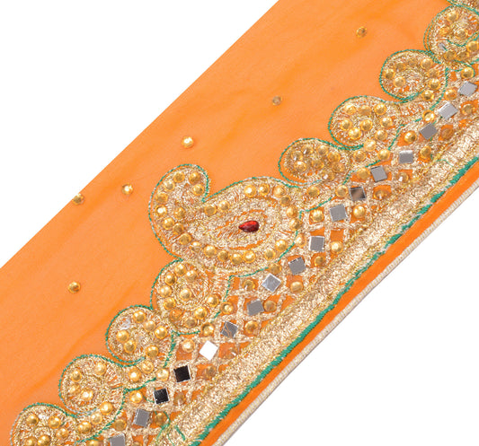 Sushila Vintage Orange Saree Border Craft Sewing Trim Mirror Stone Work Lace