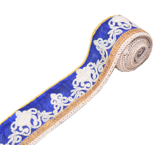 Sushila Vintage Blue Saree Border Indian Craft Sewing Trim Embroidered Ribbon