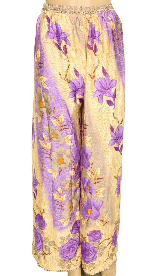 Sushila Vintage Palazzo Pants Handmade Upcycled Art Silk Sari Yellow Purple