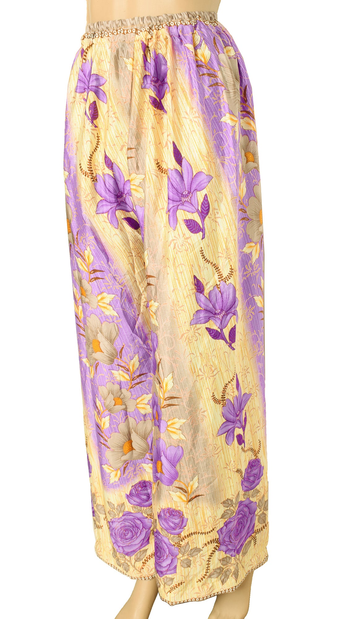 Sushila Vintage Palazzo Pants Handmade Upcycled Art Silk Sari Yellow Purple