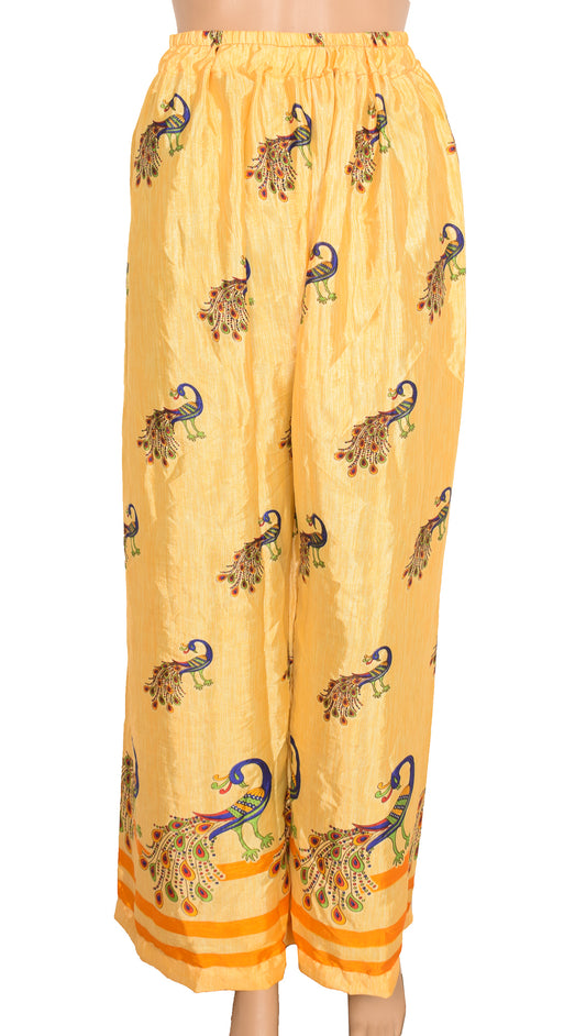 Sushila Vintage Palazzo Pants Handmade Upcycled Art Silk Sari Yellow Printed