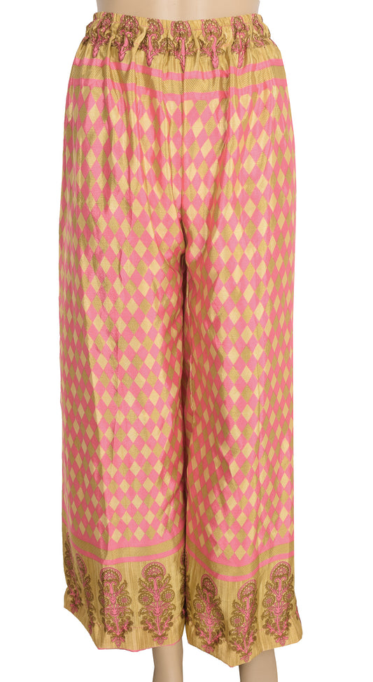 Sushila Vintage Palazzo Pants Handmade Upcycled Art Silk Sari Beige & Pink