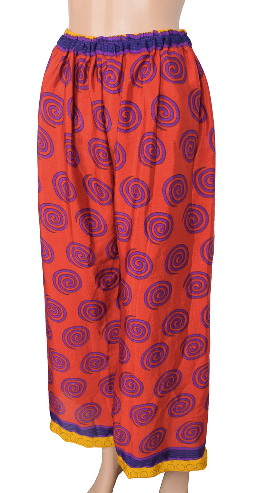 Sushila Vintage Palazzo Pants Handmade Upcycled Art Silk Sari Red Printed