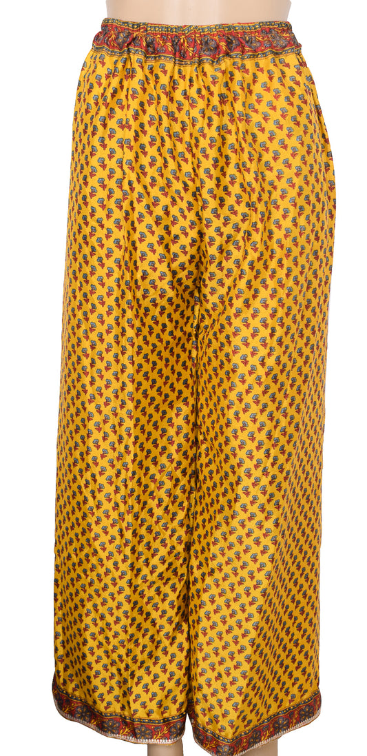 Sushila Vintage Yellow Palazzo Pants Handmade Upcycled Art Silk Sari Printed