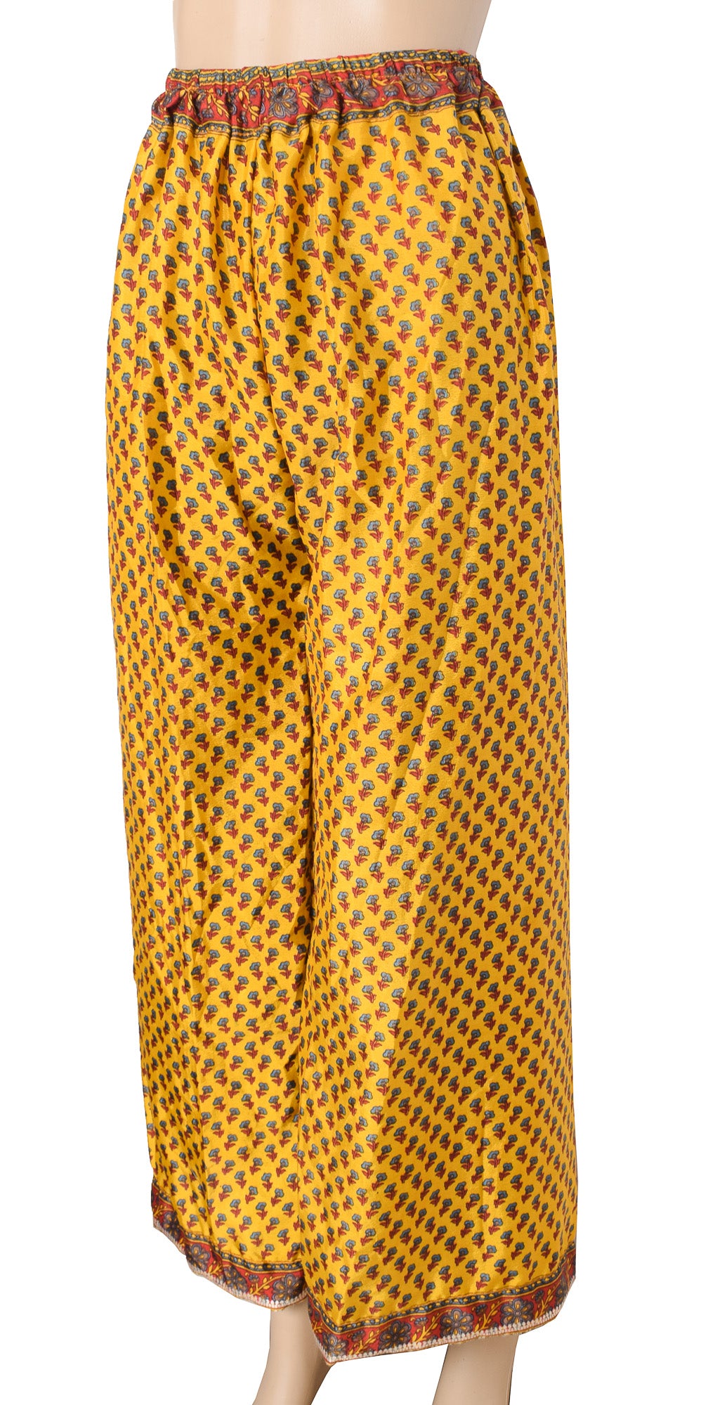 Sushila Vintage Yellow Palazzo Pants Handmade Upcycled Art Silk Sari Printed