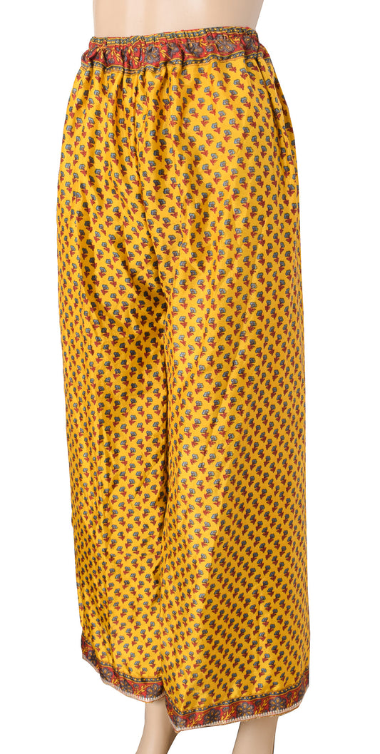 Sushila Vintage Yellow Palazzo Pants Handmade Upcycled Art Silk Sari Printed