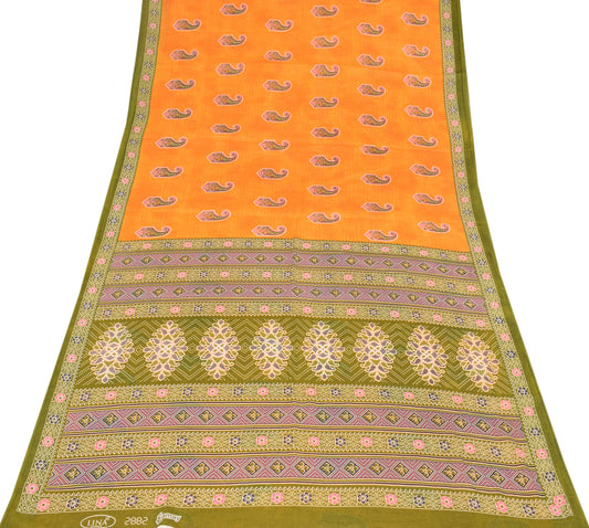 Sushila Vintage Orange Paisley Saree Pure Cotton Printed Sari Craft Fabric