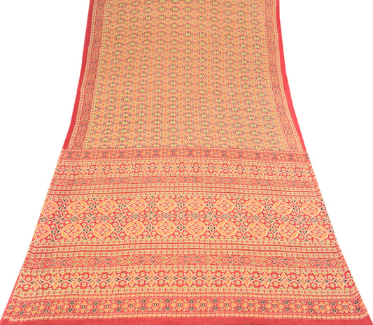 Sushila Vintage Cream Saree Pure Cotton Printed Ikat Soft Sari Craft Fabric