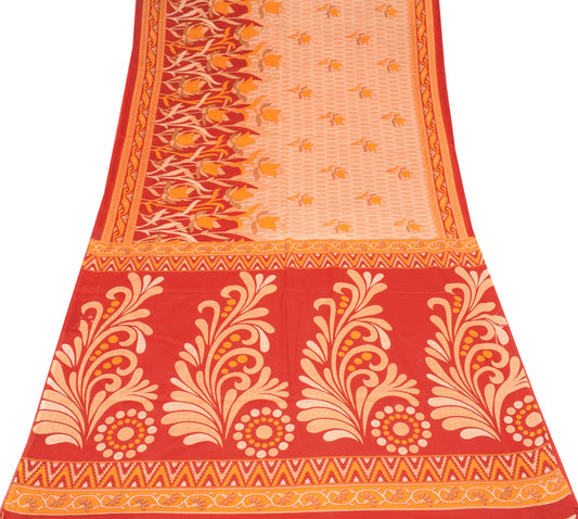 Sushila Vintage Beige Red Saree Pure Cotton Printed Floral Sari Craft Fabric