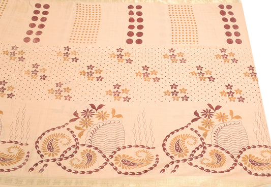 Sushila Vintage Beige Saree Pure Cotton Printed Polka Dot Sari Craft Fabric