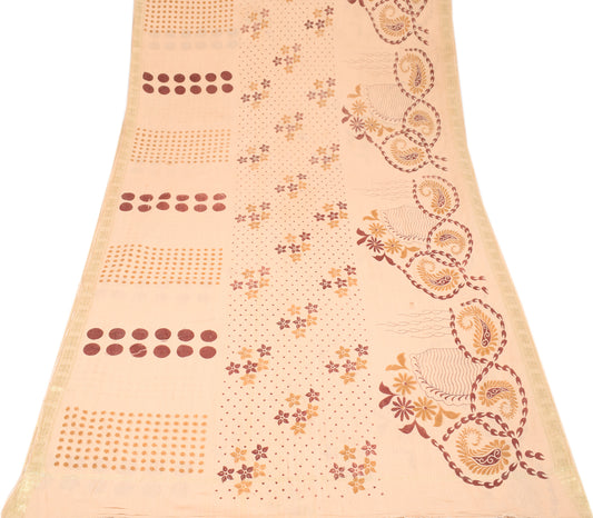 Sushila Vintage Beige Saree Pure Cotton Printed Polka Dot Sari Craft Fabric