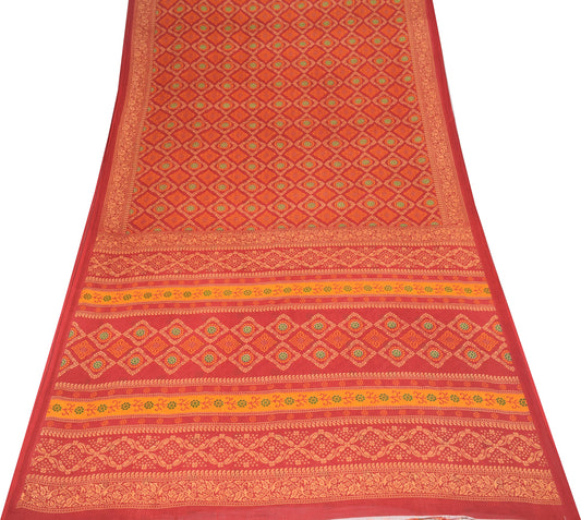 Sushila Vintage Red Saree Pure Cotton Printed Bandhani Printed Sari Craft Fabric