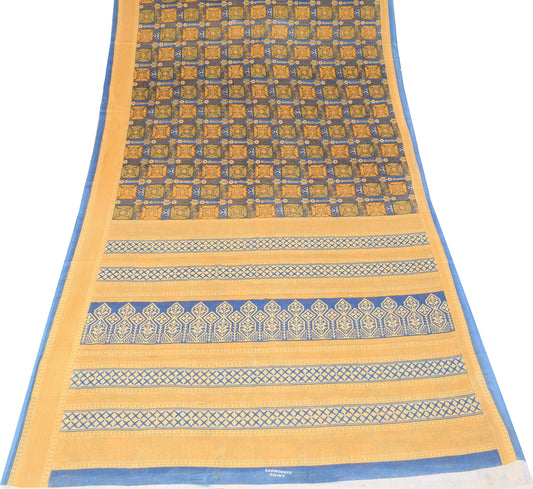 Sushila Vintage Mustard Blue Saree Pure Cotton Printed Floral Craft Fabric