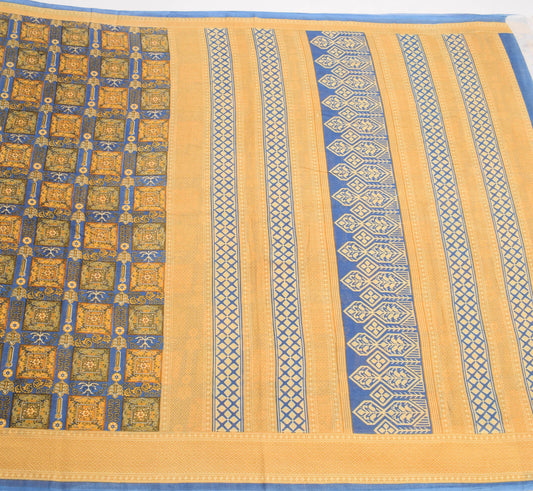 Sushila Vintage Mustard Blue Saree Pure Cotton Printed Floral Craft Fabric