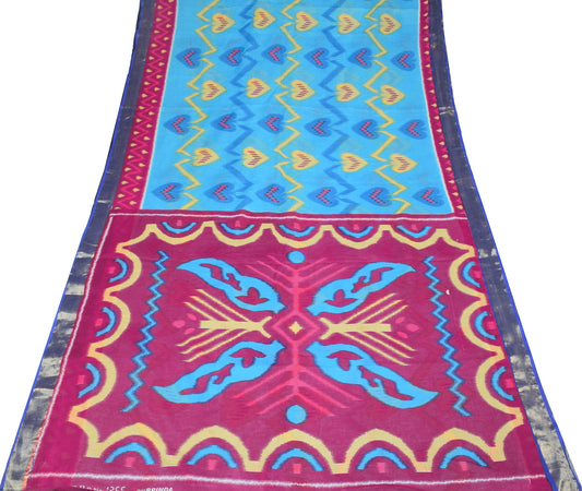 Sushila Vintage Turquoise Saree Pure Cotton Printed Geometrical Craft Fabric
