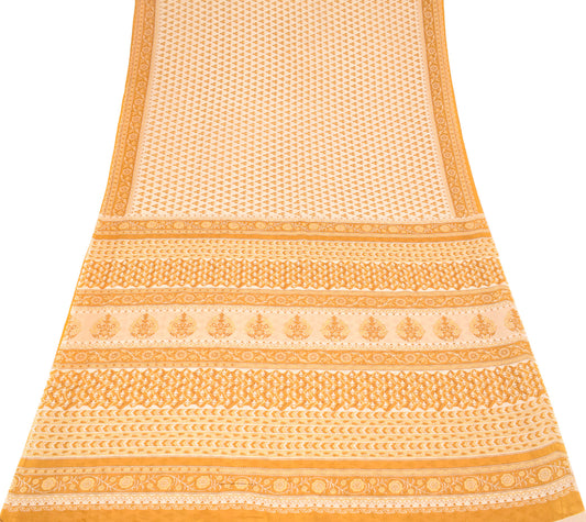 Sushila Vintage Beige Saree Pure Cotton Printed Floral Sari Soft Craft Fabric