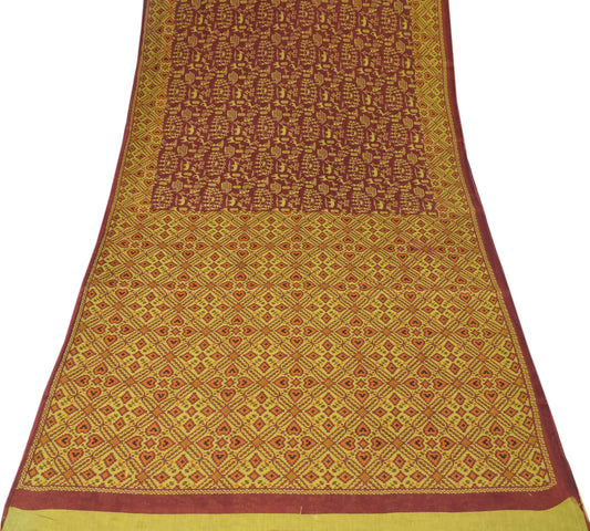 Sushila Vintage Maroon Saree Pure Cotton Printed Warli Folk Art Sari Craft Fabric