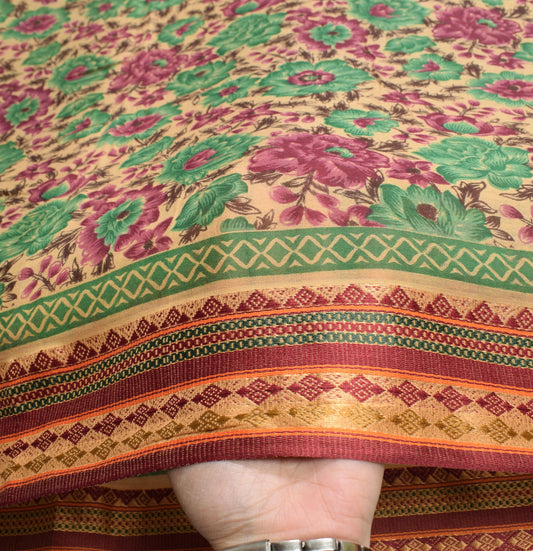 Sushila Vintage Beige Floral Saree Pure Cotton Printed Woven Soft Craft Fabric