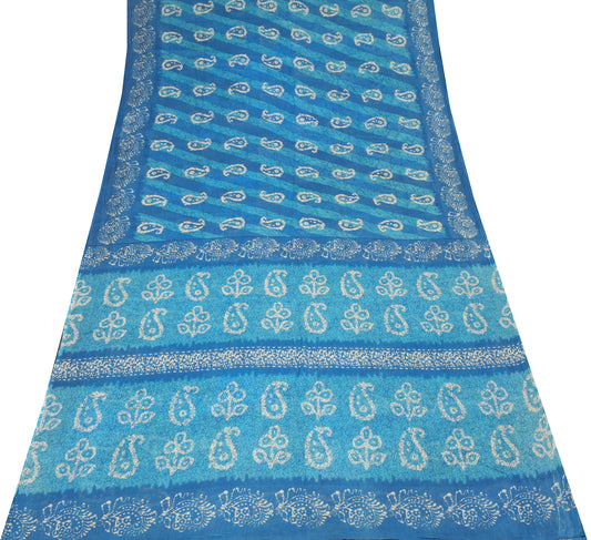 Sushila Vintage Turquoise Blue Saree Pure Cotton Printed Paisley 5Yd Craft Fabric