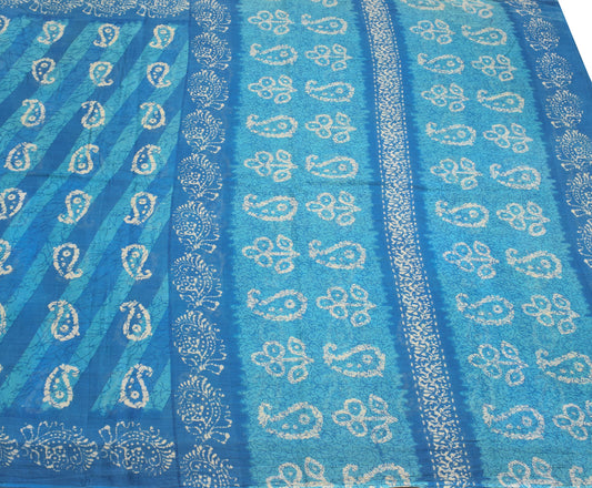 Sushila Vintage Turquoise Blue Saree Pure Cotton Printed Paisley 5Yd Craft Fabric