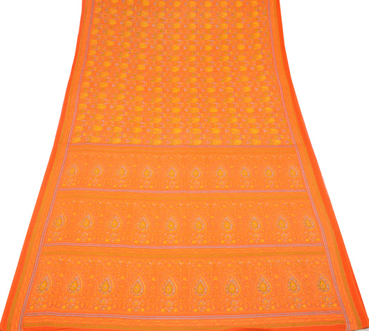 Sushila Vintage Orange Saree Pure Cotton Floral Printed Soft Craft Fabric