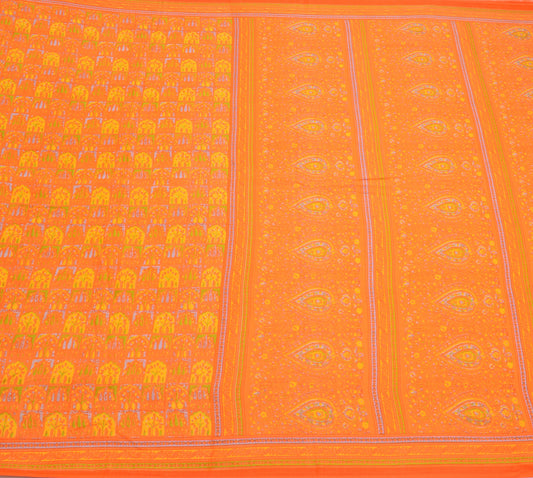 Sushila Vintage Orange Saree Pure Cotton Floral Printed Soft Craft Fabric