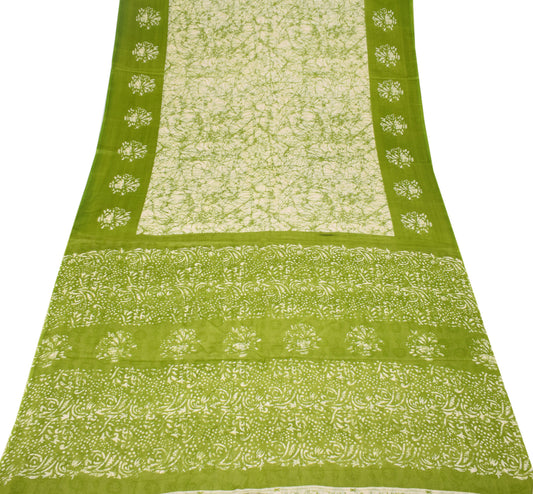 Sushila Vintage Batik Printed  Saree Pure Cotton Soft Green Sari 6YD Craft Fabric