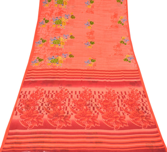 Sushila Vintage Floral Saree Pure Cotton Printed Coral Peach Sari Soft Craft Fabric