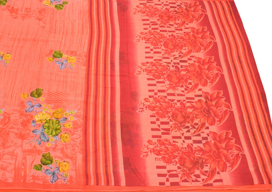 Sushila Vintage Floral Saree Pure Cotton Printed Coral Peach Sari Soft Craft Fabric