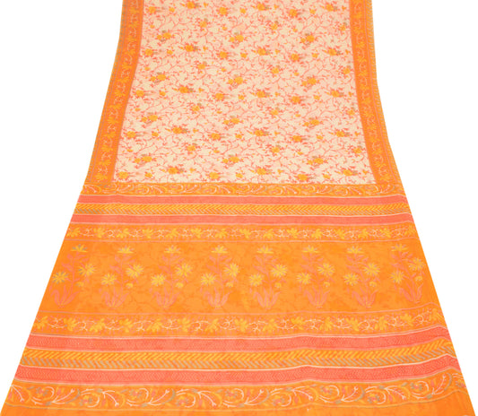 Sushila Vintage Floral Cream Saree Pure Cotton Printed Soft Sari Craft Fabric