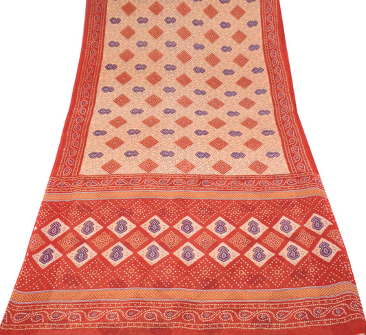 Sushila Vintage Beige Saree Pure Cotton Printed Bandhani Soft Sari Craft Fabric