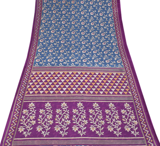 Sushila Vintage Steel Blue Saree Pure Cotton Printed Floral Soft Sari Craft Fabric