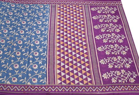 Sushila Vintage Steel Blue Saree Pure Cotton Printed Floral Soft Sari Craft Fabric