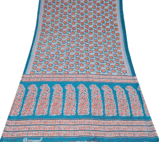 Sushila Vintage Floral Blue Saree Pure Cotton Printed 5YD Sari Craft Fabric