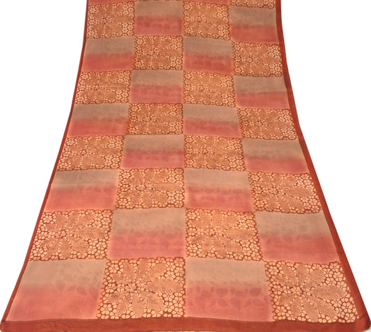 Sushila Vintage Brown Saree Pure Cotton Printed Checks Floral Sari Soft Craft Fabric