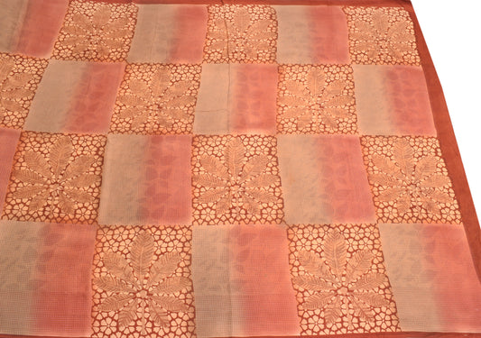 Sushila Vintage Brown Saree Pure Cotton Printed Checks Floral Sari Soft Craft Fabric