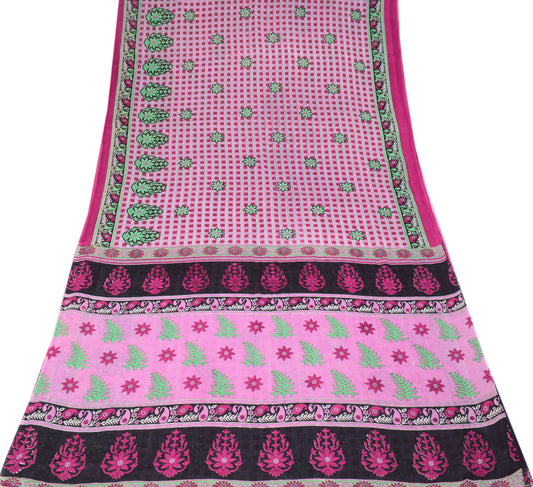 Sushila Vintage Soft Pink Saree Pure Cotton Printed Floral Sari Craft Fabric