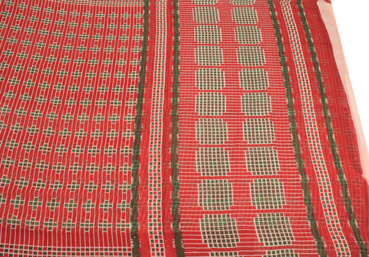 Sushila Vintage Red Checks Saree Pure Cotton Printed Soft Sari Craft Fabric