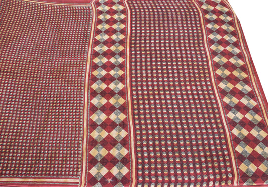 Sushila Vintage Checks Maroon Saree Pure Cotton Printed Soft 5YD Craft Fabric