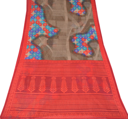 Sushila Vintage Brown Saree Pure Cotton Printed Geometrical Sari Craft Fabric
