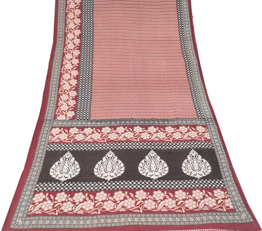 Sushila Vintage Soft Maroon Saree Pure Cotton Printed Sari Stripes Craft Fabric