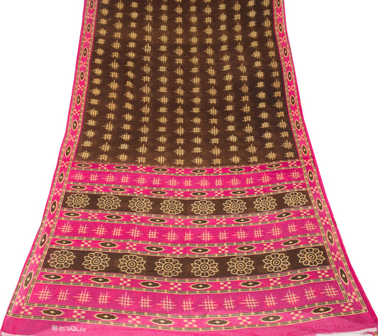 Sushila Vintage Brown Saree Pure Cotton Printed Geometrical Sari 5YD Craft Fabric