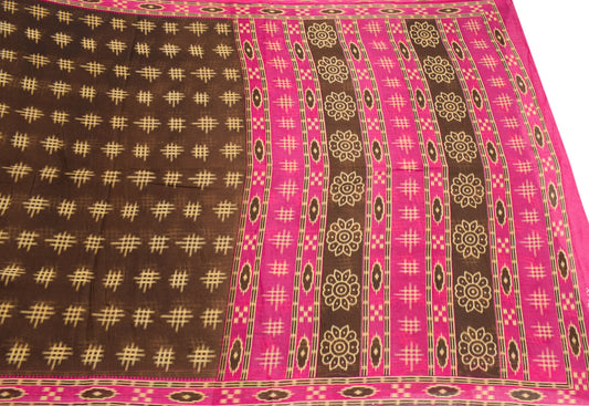 Sushila Vintage Brown Saree Pure Cotton Printed Geometrical Sari 5YD Craft Fabric